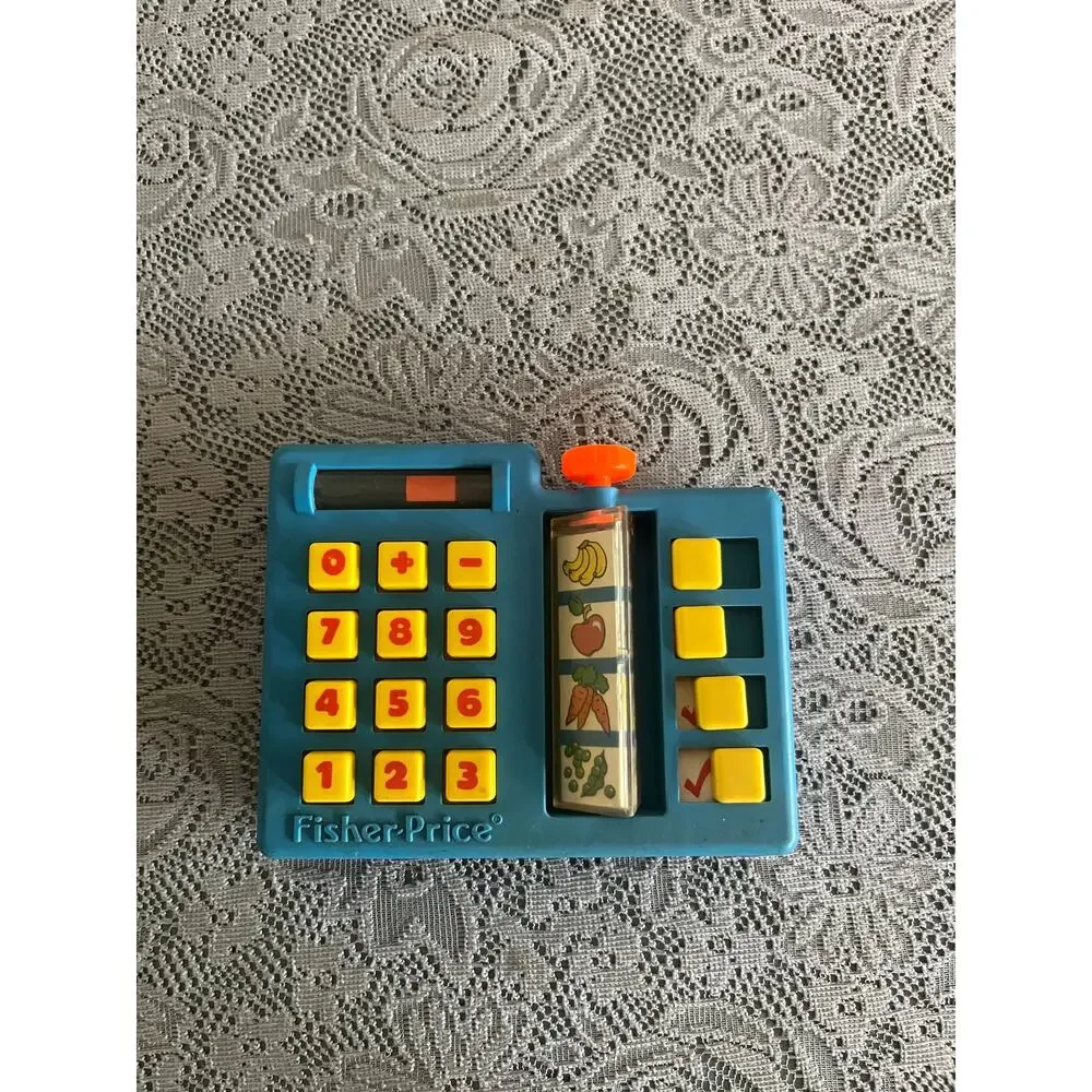 Vintage Fisher-Price Toy Cash Register Blue Crank Food Roller Number Buttons